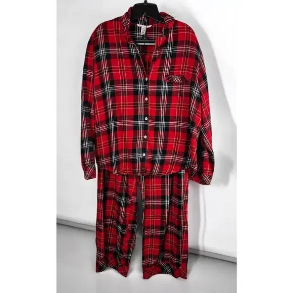 Victoria's Secret Shimmer Flannel Long Sleeve Shirt Pants Plaid Pajama Set Large - Picture 2 of 16